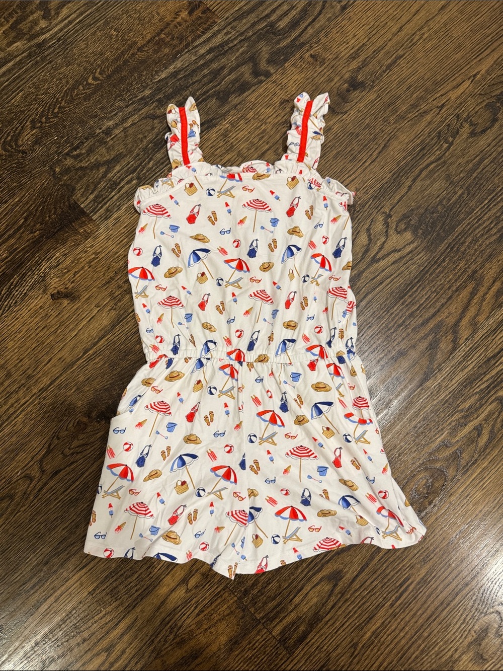 Girls Beach Print Ruffled Strap Romper - white, Red & Blue